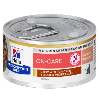 Hill's Prescription Diet Katzenfutterdose, beschriftet mit "ON-CARE", mit "Eintopf mit Huhn & hinzugefügtem Gemüse", vom Tierarzt empfohlen.