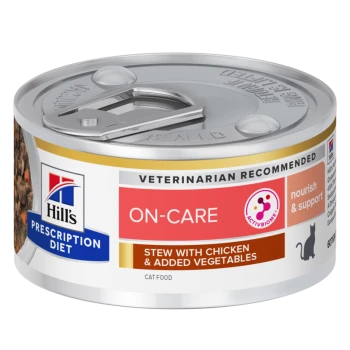 Boîte de nourriture pour chat Hill's Prescription Diet, étiquetée "ON-CARE," présentant "Ragoût avec Poulet & Légumes Ajoutés," recommandé par les vétérinaires.
