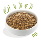 A white bowl filled with dry pet food kibble, surrounded by playful green swirls.