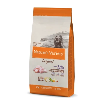 Nature’s Variety Original No Grain - Krokiety dla dorosłych psów z mięsem z indyka pozbawionym kości 12 kg Torba karmy dla psów Nature's Variety oznaczona "Original", z obrazkiem psa i tekstem: "2,4 kg mięsa z indyka bez kości" oraz "Bez zbóż."