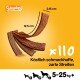 Friandises pour chiens Schmackos présentées sur un fond jaune, comprenant 110 bandes molles mesurant 12,5 cm et 2,15 cm de large, adaptées aux chiens de 5 à 25 kg.