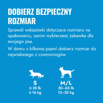 Niebieska tabela rozmiarów zabawek dla psów z polskim tytułem 'DOBIERZ BEZPIECZNY ROZMIAR' i oznaczeniami rozmiarów: S ≤35 lb/≤16 kg; M/L 30–65 lb/13–30 kg.
