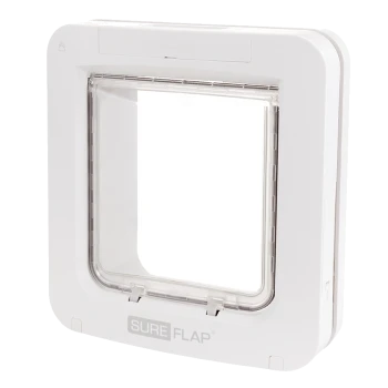 Porte pour animaux de compagnie blanche avec un clapet transparent, portant le nom de la marque "SURE FLAP" en bas.