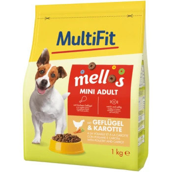 Dog food bag featuring a happy dog, labeled "MultiFit mellos MINI ADULT" with fresh poultry and carrot ingredients, 1 kg.