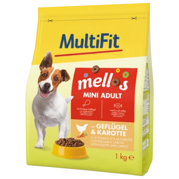 Hundefutterbeutel mit einem glücklichen Hund, beschriftet "MultiFit mellos MINI ADULT" mit frischen Geflügel- und Karottenzutaten, 1 kg.