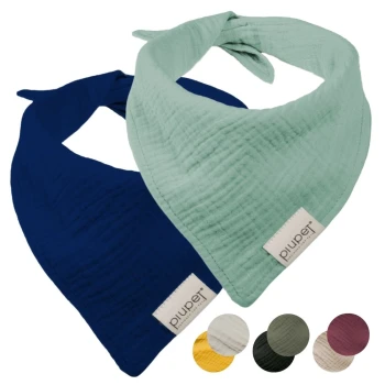 Zwei Haustierbandanas in Marineblau und Mintgrün mit "pluper"-Etiketten, plus fünf Farboptionen: Gelb, Weiß, Dunkelgrün, Schwarz, Burgunder.