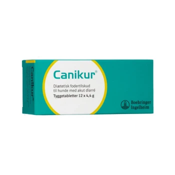 Canikur Nahrungsergänzungsmittel für Hunde mit akuter Durchfallerkrankung, Verpackung zeigt 12 kaubare Tabletten von jeweils 4,4 g, von Boehringer Ingelheim.