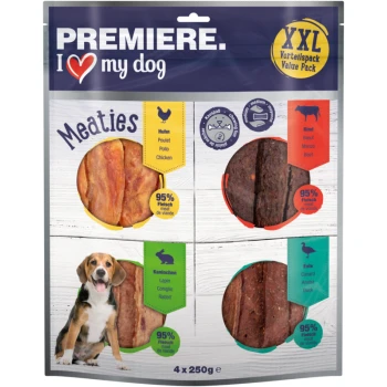 Pack de valeur Premiere I love my dog Meaties avec quatre saveurs : poulet, boeuf, lapin et canard, chacune avec 95% de viande.