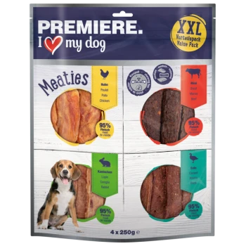 Premiere I love my dog Meaties Wertpack mit vier Geschmacksrichtungen: Huhn, Rind, Kaninchen und Ente, jeweils mit 95% Fleischanteil.
