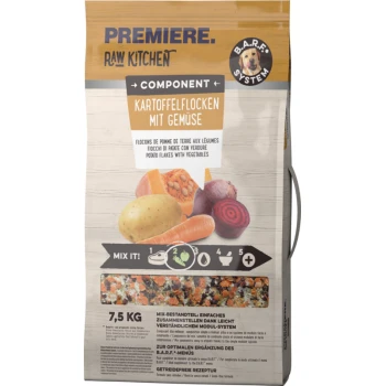 Emballage de flocons de pommes de terre avec légumes de Premiere Raw Kitchen, présentant un mélange de pommes de terre, carottes et betteraves. Taille de 7,5 kg.