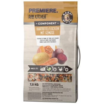 Emballage de flocons de pommes de terre avec légumes de Premiere Raw Kitchen, présentant un mélange de pommes de terre, carottes et betteraves. Taille de 7,5 kg.