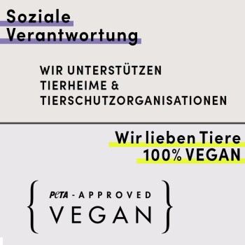 Bild zur Förderung der sozialen Verantwortung in der Tierpflege mit dem Text: "Wir unterstützen Tierheime" und "100% VEGAN", plus einem PETA-zertifizierten Logo.