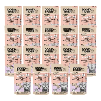 Ein Raster von Tierfutterverpackungen mit der Aufschrift "DOGS'n TIGER", mit Geschmacksrichtungen wie "Geflügel mit Kalb" und "Leckeres Geflügel mit Kalb."