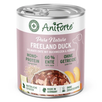 Dose von AniForte Pure Nature Freeland Ente Hundefutter, mit 60 % Ente, getreidefrei und in Deutschland hergestellt, mit natürlichen Zutaten.