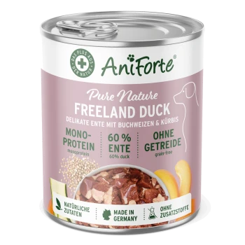 Dose von AniForte Pure Nature Freeland Ente Hundefutter, mit 60 % Ente, getreidefrei und in Deutschland hergestellt, mit natürlichen Zutaten.