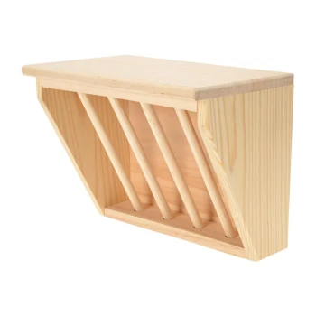 Holzbehälter zur Aufbewahrung von Haustierfutter mit schrägem Deckel und vertikalen Lamellen zur Belüftung, ideal zur Frischhaltung von Haustierfutter.