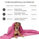 Rosa Hundedecke von Doctor Bark, gekennzeichnet als waschbar bis 95°C, mit Pflegehinweisen für Maschinenwäsche und Lufttrocknung.