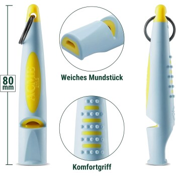 Acme 211.5 Tierpfeife, 80 mm, weiches Mundstück, Komfortgriff, hellblau und gelb mit Schlüsselring.