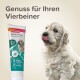 Un chiot joueur se lèche les lèvres à côté d'un tube de pâte Beaphar Junior, étiqueté avec "Calcium" et "Soutient la Croissance" en allemand.