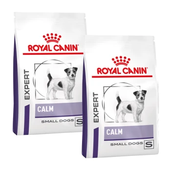 Deux sacs de nourriture pour chiens Royal Canin Expert Calm pour petits chiens, avec une illustration de petit chien et le texte "EXPERT CALM PETITS CHIENS."