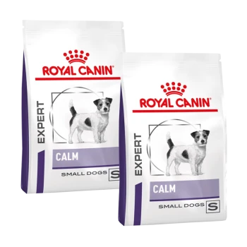 Twee zakken Royal Canin Expert Calm hondenvoer voor kleine honden, met een illustratie van een kleine hond en de tekst 'EXPERT CALM SMALL DOGS.'