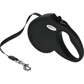 Schwarze AniOne-Rollleine mit ergonomischem Griff, schwarzem Band und silbernem Metallkarabiner; mit Aufschrift 'AniOne'.