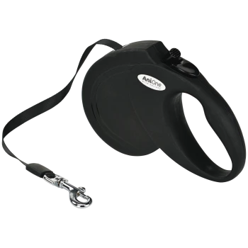 Schwarze AniOne-Rollleine mit ergonomischem Griff, schwarzem Band und silbernem Metallkarabiner; mit Aufschrift 'AniOne'.
