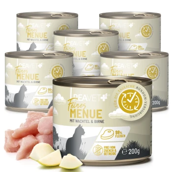 Dosen von BEAVET Feines Menü Katzenfutter mit Wachtel und Birne, mit 98% Fleisch, frei von Zucker und Getreide, neben rohem Huhn und Birnenstücken.