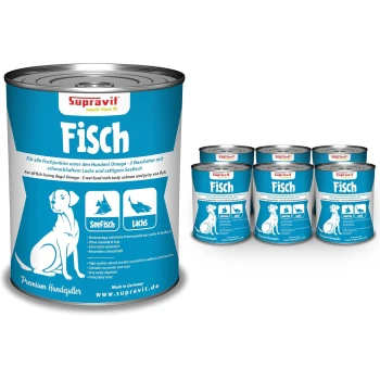 Dosen mit Supravit-Hundefutter, die mit "Fisch" beschriftet sind, mit einem blauen Design und einer Hundillustration, die Lachs- und Meeresfischzutaten hervorhebt.