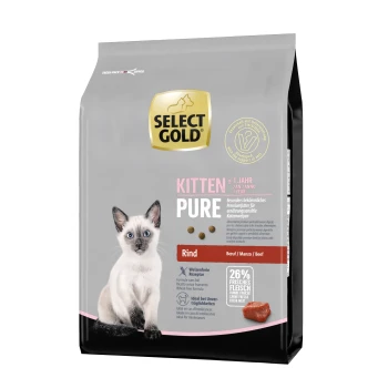 Pure Kitten Rind 2.5 kg Beutel Select Gold Kitten Pure Trockenfutter für Katzen mit einem weißen Kätzchen auf der Vorderseite, beschriftet mit "Rind" (Rindfleisch) mit 26% frischem Fleisch.