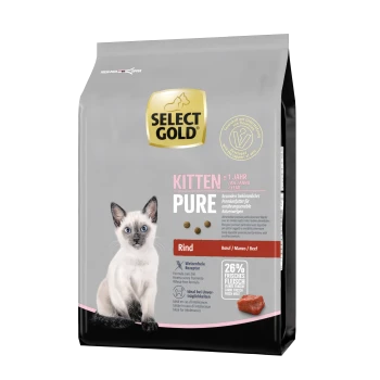 Torba suchej karmy dla kotów Select Gold Kitten Pure z białym kociakiem na przodzie, oznaczona 'Rind' (Wołowina) z 26% świeżego mięsa.