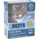 Een doos Bozita Fresh Menu kattenvoer met een grijze tabby kat, benadrukt 89% dierlijke ingrediënten en "Made in Sweden."