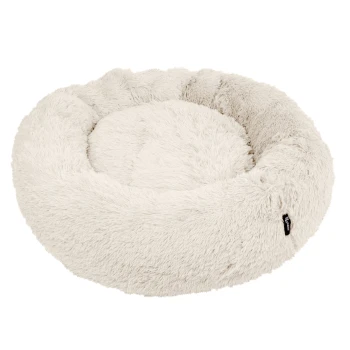 Ein plüschiges, rundes Haustierbett in sanftem Creme, mit einem flauschigen Äußeren und einem gemütlichen, kreisförmigen Design.