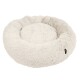 Ein plüschiges, rundes Haustierbett in sanftem Creme, mit einem flauschigen Äußeren und einem gemütlichen, kreisförmigen Design.