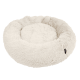 Ein plüschiges, rundes Haustierbett in sanftem Creme, mit einem flauschigen Äußeren und einem gemütlichen, kreisförmigen Design.