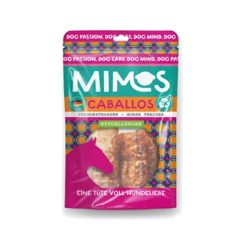 Eine bunte Haustierleckerlitasche mit der Aufschrift 'MIMOS CABALLOS', die Snacks aus Pferdetrachea enthält, als hypoallergen gekennzeichnet, mit einer Pferdesilhouette.