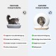 Eine moderne weiße runde Katzentoilette mit beleuchtetem Innenraum und Steuerung, auf einer strukturierten Matte in einem hellen Raum mit Vorhängen und einer Pflanze.