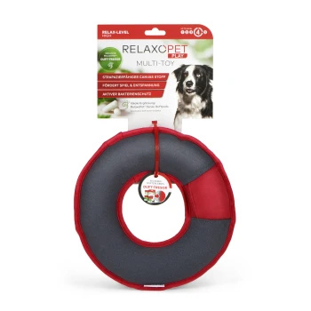 PLAY Multi-Ring Runder Hundespielzeug in Rot und Grau, beschriftet mit "RelaxPet Play Multi-Toy," das Haltbarkeit und bakterielle Schutz zeigt.