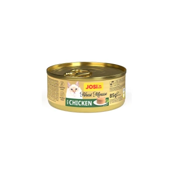 JosiCat Finest Mousse mit Huhn Katzenfutterdose, 85g, getreidefreie Rezeptur, ohne Zuckerzusatz, Serviervorschlag gezeigt.
