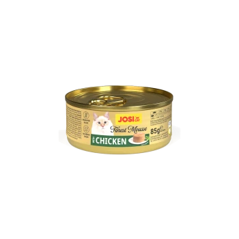 JosiCat Finest Mousse mit Huhn Katzenfutterdose, 85g, getreidefreie Rezeptur, ohne Zuckerzusatz, Serviervorschlag gezeigt.