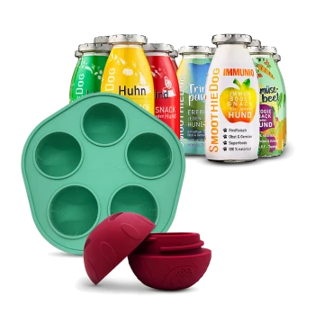 Flaschen mit SmoothieDog Hundesnacks in verschiedenen Geschmacksrichtungen mit einer grünen Silikonform und einem roten Leckerli-Spender, der eine Snackkugel hält.