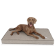 Ein brauner Hund, der bequem auf einem grauen Haustierbett mit strukturierter Oberfläche liegt, mit einem Logo in der Ecke.