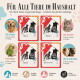 Plakat: „Für Alle Tiere im Haushalt“ zeigt ‚Bitte rettet uns‘ Notfall-Etiketten für Hund, Katze, Papagei, Meerschweinchen.