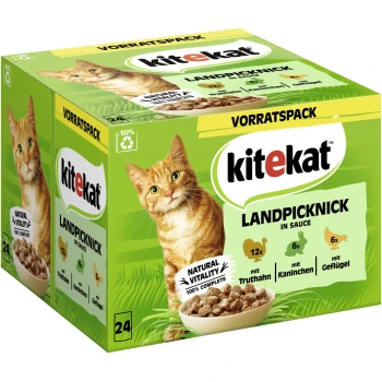 Multipack Landpicknick in Sauce 24x85 g Kitekat Landpicknick Katzenfutterbox mit einer orangefarbenen Tabby, mit "Natural Vitality 100% Complete" und Zutaten: Truthahn, Kaninchen, Geflügel.