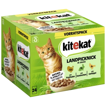 Kitekat Landpicknick Katzenfutterbox mit einer orangefarbenen Tabby, mit "Natural Vitality 100% Complete" und Zutaten: Truthahn, Kaninchen, Geflügel.
