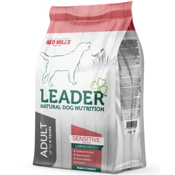 2kg bag of Leader Natural Dog Nutrition Sensitive Salmon for large breeds, vet-developed, hypoallergenic, promotes digestion, contains prebiotics.