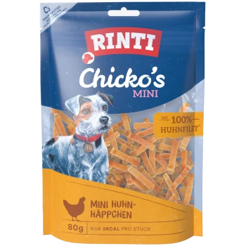 RINTI Chicko's Mini Hundeleckerli-Beutel mit Hundeillustration und Sichtfenster, das Hähnchenstreifen zeigt; '100% HUHNFILET, 80 g'.