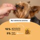 Eine Person füttert einen Yorkshire Terrier mit einem Leckerli, das 95% Huhn, 5% Hanf und "Nur natürliche Zutaten" hervorhebt.