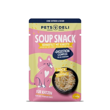 PETS DELI Suppensnack für Katzen, mit Hähnchenfilet und Karotte, Verdauungskomplex und einer Schüssel mit dem Futter auf der Verpackung.