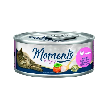 Dose Katzenfutter mit einem Bild einer grauen getigerten Katze, beschriftet mit 'Momente zum Genießen', mit 'Huhn mit Lachs & Spinat' auf Deutsch und Englisch.